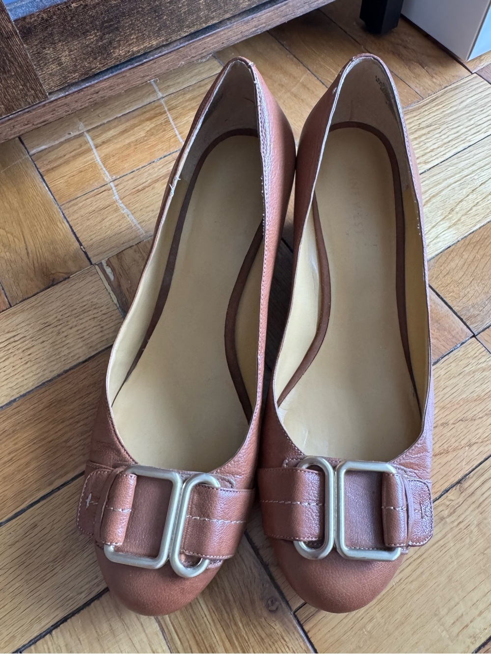 Nine West Women's Tan Leather Buckle wedge heels